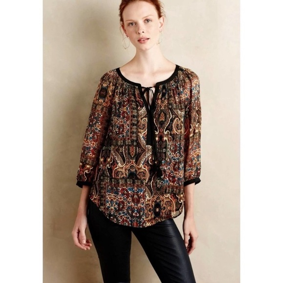 Anthropologie Blouse Meadow Rue Marya Paisley Print Peasant Top Boho Fall Sz XS - Picture 3 of 14